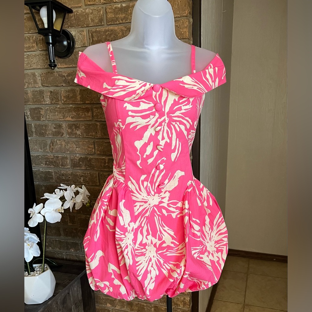 Pink Floral Off-Shoulder Bubble Hem Dress